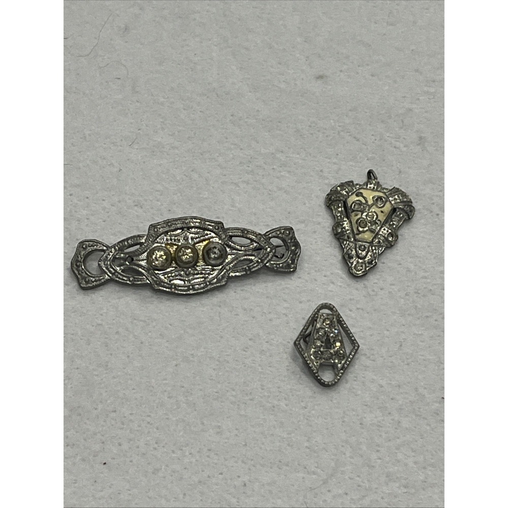 Antique Art Deco Bar Pin/Brooch & Pendant Silver Rhinestone 3 Piece Bundle